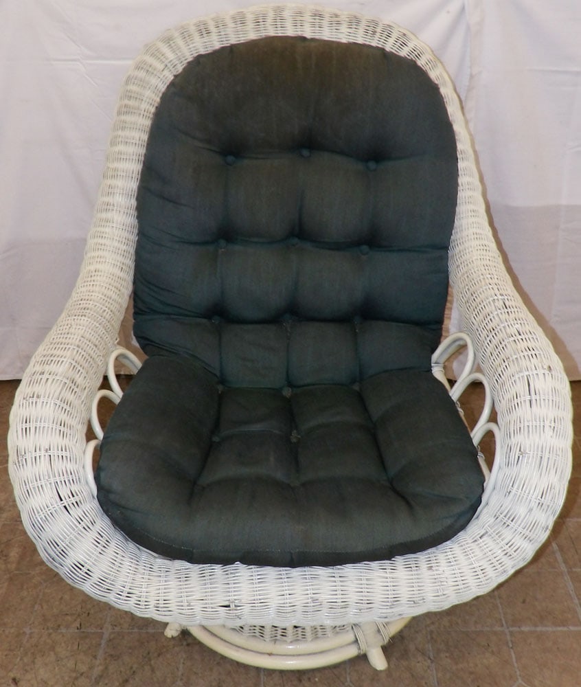 Painted Wicker Arm Chair: Painted Wicker Arm Chair . 41 1/2" H 35" W 36" D "ALL DESCRIPTIONS AND ANY CONDITION STATEMENT GIVEN BY LANGSTON AUCTION GALLERY ARE STRICTLY OPINIONS AND LANGSTON'S SHALL HAVE NO RESPONSIBILITY FOR