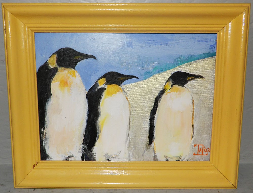 Framed Oil on Board of Penguins Artist Signed: Framed Oil on Board of Penguins Artist Signed. 12" x 15" "ALL DESCRIPTIONS AND ANY CONDITION STATEMENT GIVEN BY LANGSTON AUCTION GALLERY ARE STRICTLY OPINIONS AND LANGSTON'S SHALL HAVE NO