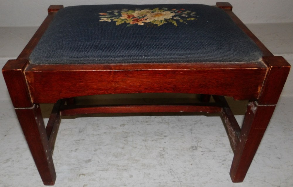 Mahogany & Needlepoint Upholstered Top Stool: Mahogany & Needlepoint Upholstered Top Stool. 11 3/4" H 17 3/4" w 12 1/4" d "ALL DESCRIPTIONS AND ANY CONDITION STATEMENT GIVEN BY LANGSTON AUCTION GALLERY ARE STRICTLY OPINIONS AND LANGSTON'S SHALL