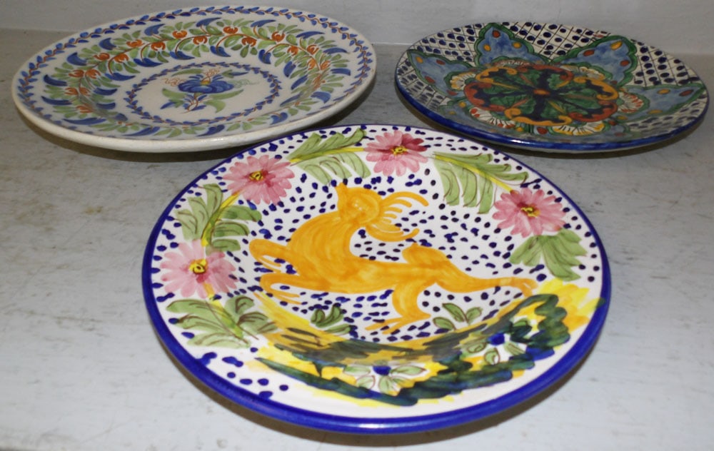Three Polychrome Decorated Pieces: Three Polychrome Decorated Pieces . Up to 13 1/2" Dia. "ALL DESCRIPTIONS AND ANY CONDITION STATEMENT GIVEN BY LANGSTON AUCTION GALLERY ARE STRICTLY OPINIONS AND LANGSTON'S SHALL HAVE NO