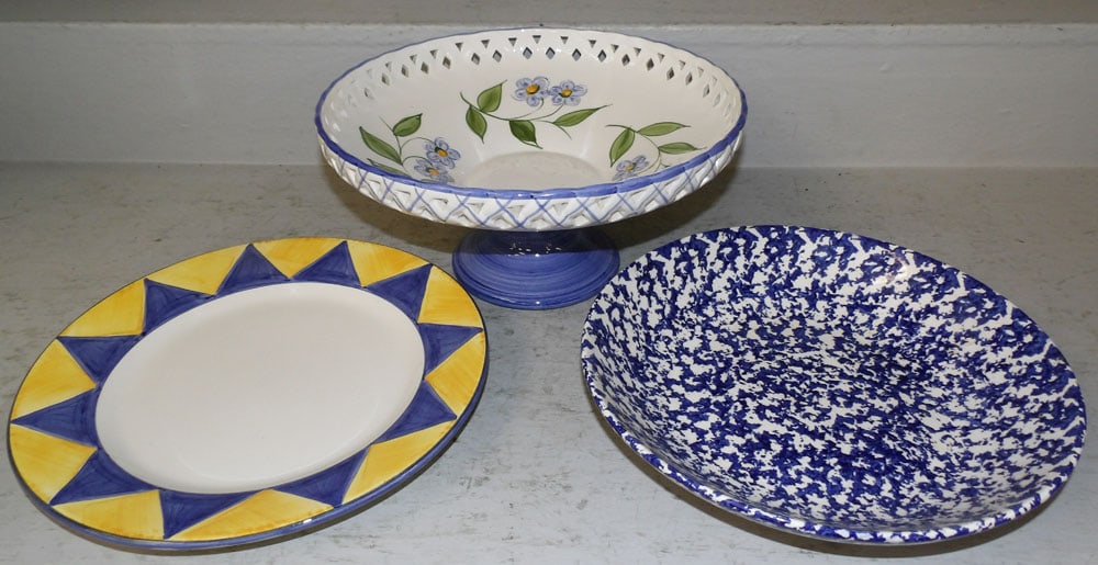 Two Painted Porcelain Bowls & Compote: Two Painted Porcelain Bowls & Compote . Up to 6" H 12 3/4" Dia. "ALL DESCRIPTIONS AND ANY CONDITION STATEMENT GIVEN BY LANGSTON AUCTION GALLERY ARE STRICTLY OPINIONS AND LANGSTON'S SHALL HAVE NO