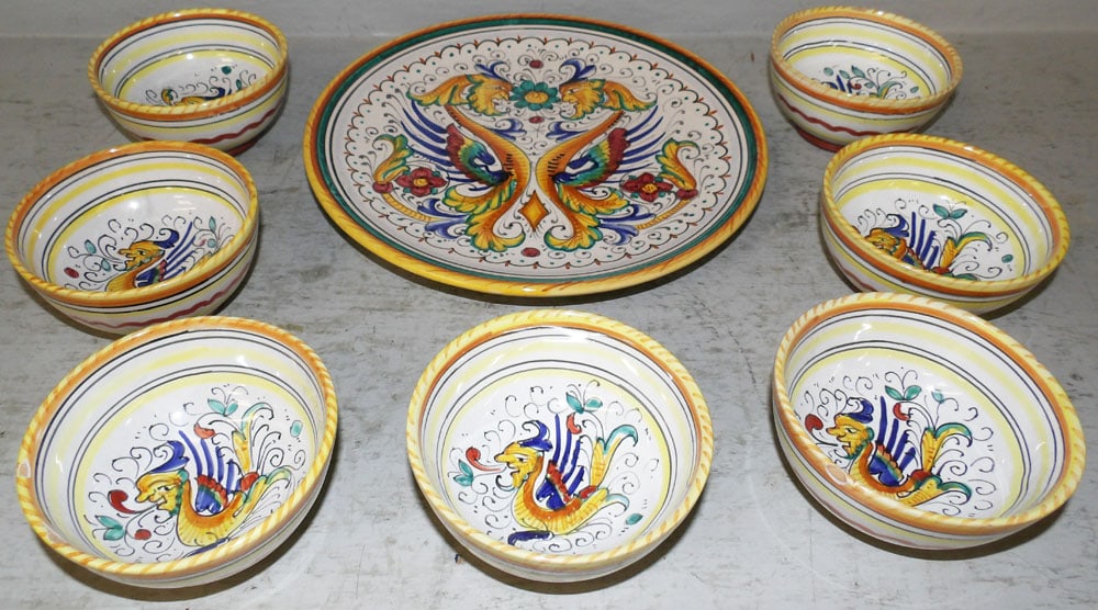Polychrome Decorated Dessert Set: Polychrome Decorated Dessert Set. Up to 10 1/4" Dia. "ALL DESCRIPTIONS AND ANY CONDITION STATEMENT GIVEN BY LANGSTON AUCTION GALLERY ARE STRICTLY OPINIONS AND LANGSTON'S SHALL HAVE NO RESPONSIBILITY