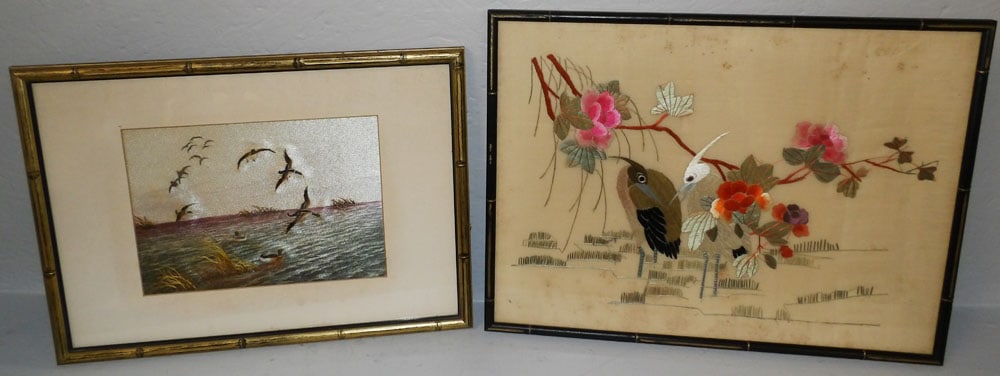 Two Framed Oriental Embroideries: Two Framed Oriental Embroideries . Up to 16" x 21 3/4" "ALL DESCRIPTIONS AND ANY CONDITION STATEMENT GIVEN BY LANGSTON AUCTION GALLERY ARE STRICTLY OPINIONS AND LANGSTON'S SHALL HAVE NO RESPONSIBILITY