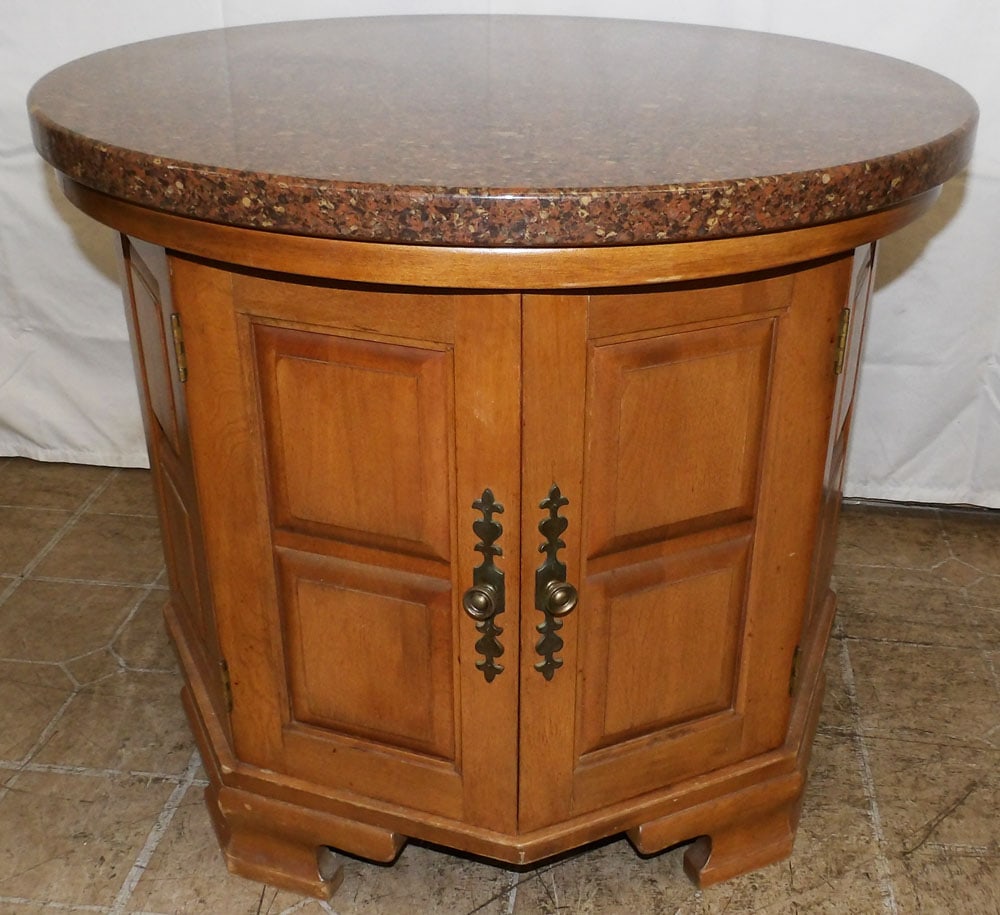 Round Marble Top Two Door Maple Stand: Round Marble Top Two Door Maple Stand . 23" H 27" Dia. "ALL DESCRIPTIONS AND ANY CONDITION STATEMENT GIVEN BY LANGSTON AUCTION GALLERY ARE STRICTLY OPINIONS AND LANGSTON'S SHALL HAVE NO RESPONSIBILITY