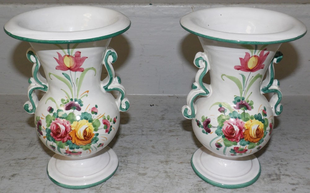 Pair of Painted Pottery Italian Vases: Pair of Painted Pottery Italian Vases . Up to 7" H 4 3/4" Dia. "ALL DESCRIPTIONS AND ANY CONDITION STATEMENT GIVEN BY LANGSTON AUCTION GALLERY ARE STRICTLY OPINIONS AND LANGSTON'S SHALL HAVE NO