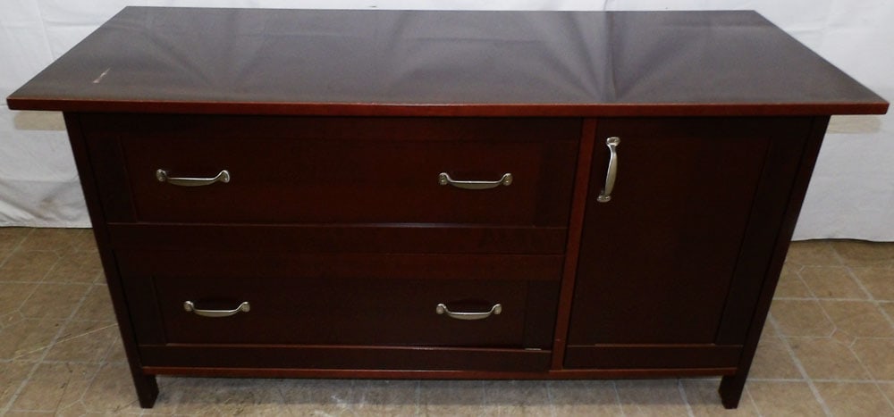 Cherry Filing Cabinet: Cherry Filing Cabinet . 29 3/4" H 57" W 21 3/4" D "ALL DESCRIPTIONS AND ANY CONDITION STATEMENT GIVEN BY LANGSTON AUCTION GALLERY ARE STRICTLY OPINIONS AND LANGSTON'S SHALL HAVE NO RESPONSIBILITY FOR
