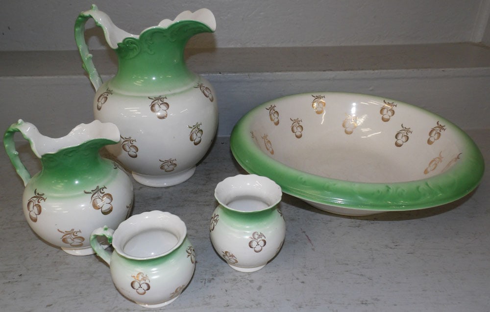 Five Piece Painted Porcelain Chamber Set: Five Piece Painted Porcelain Chamber Set. Up to 4 1/4" H 16" Dia. "ALL DESCRIPTIONS AND ANY CONDITION STATEMENT GIVEN BY LANGSTON AUCTION GALLERY ARE STRICTLY OPINIONS AND LANGSTON'S SHALL HAVE NO