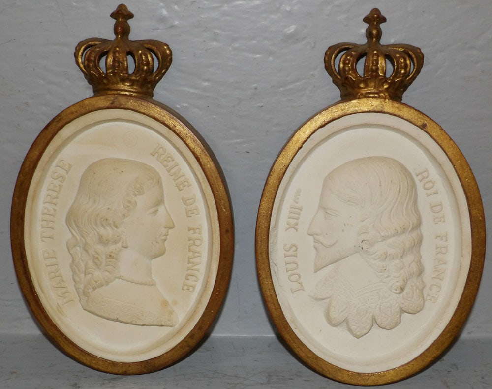 Two Framed Ceramic Cameos of The King & Queen of France in Gilded Metal Frames: Two Framed Ceramic Cameos of The King & Queen of France in Gilded Metal Frames. Up to 11" x 6 1/2" "ALL DESCRIPTIONS AND ANY CONDITION STATEMENT GIVEN BY LANGSTON AUCTION GALLERY ARE STRICTLY