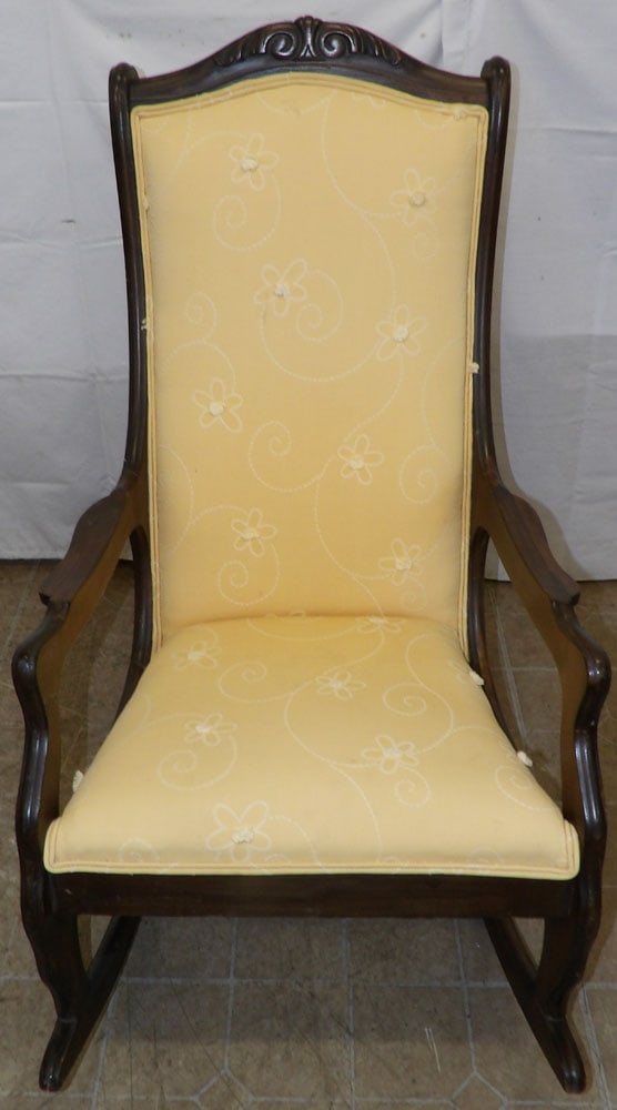 Antique Walnut & Upholstered Rocker: Antique Walnut & Upholstered Rocker . 42" H 24" W 33 1/2" D "ALL DESCRIPTIONS AND ANY CONDITION STATEMENT GIVEN BY LANGSTON AUCTION GALLERY ARE STRICTLY OPINIONS AND LANGSTON'S SHALL HAVE NO