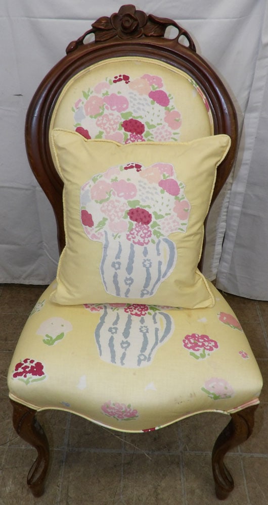 Mahogany & Upholstered Side Chair: Mahogany & Upholstered Side Chair . 38" H 19" W 19" D "ALL DESCRIPTIONS AND ANY CONDITION STATEMENT GIVEN BY LANGSTON AUCTION GALLERY ARE STRICTLY OPINIONS AND LANGSTON'S SHALL HAVE NO RESPONSIBILITY