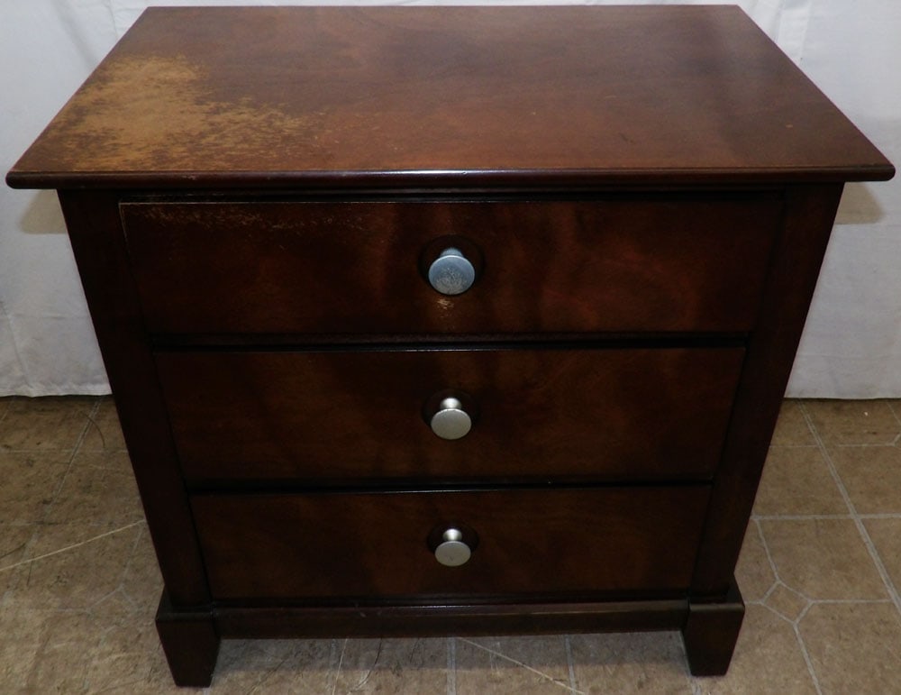 Modern Cherry Three Drawer Night Stand: Modern Cherry Three Drawer Night Stand . 28" H 27 3/4" W 17 1/4" D "ALL DESCRIPTIONS AND ANY CONDITION STATEMENT GIVEN BY LANGSTON AUCTION GALLERY ARE STRICTLY OPINIONS AND LANGSTON'S SHALL HAVE NO