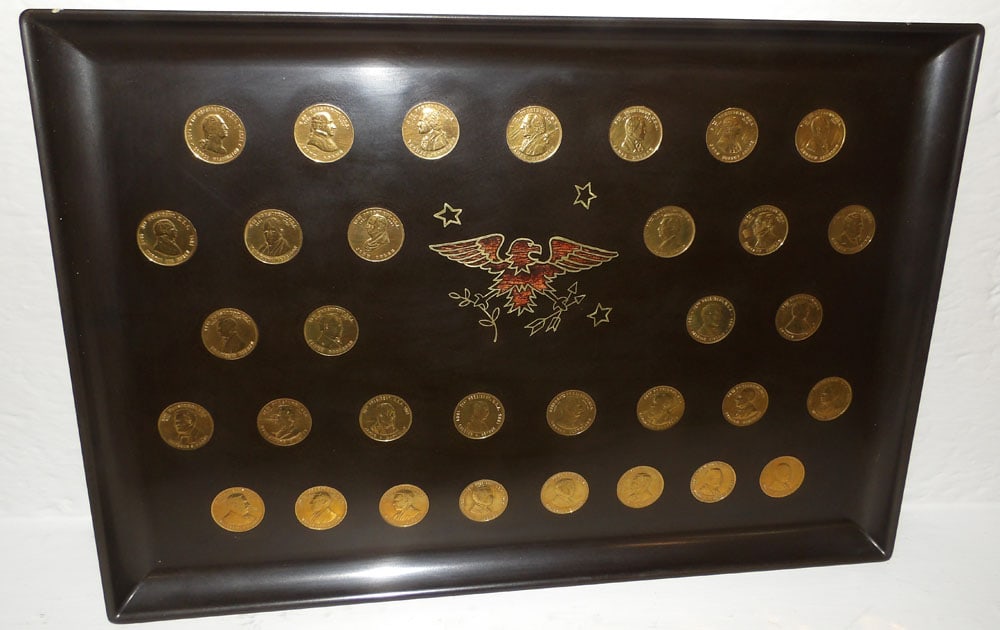 Faux Commemorative Coin Inlaid Tray by Couroc: Faux Commemorative Coin Inlaid Tray by Couroc. 18" x 12 1/2" "ALL DESCRIPTIONS AND ANY CONDITION STATEMENT GIVEN BY LANGSTON AUCTION GALLERY ARE STRICTLY OPINIONS AND LANGSTON'S SHALL HAVE NO