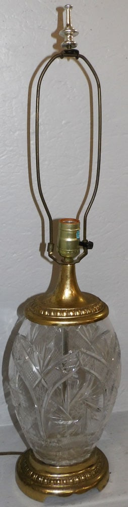 Mid Century Dresden Cut Crystal & Gilded Metal Lamp: Mid Century Dresden Cut Crystal & Gilded Metal Lamp . 29 3/4" H 7" W "ALL DESCRIPTIONS AND ANY CONDITION STATEMENT GIVEN BY LANGSTON AUCTION GALLERY ARE STRICTLY OPINIONS AND LANGSTON'S SHALL HAVE NO