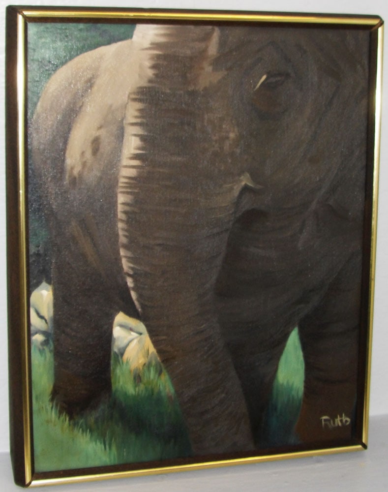 Oil on Artist Board Portrait of an Elephant Artist Signed: Oil on Artist Board Portrait of an Elephant Artist Signed . 17" x 21" "ALL DESCRIPTIONS AND ANY CONDITION STATEMENT GIVEN BY LANGSTON AUCTION GALLERY ARE STRICTLY OPINIONS AND LANGSTON'S SHALL HAVE