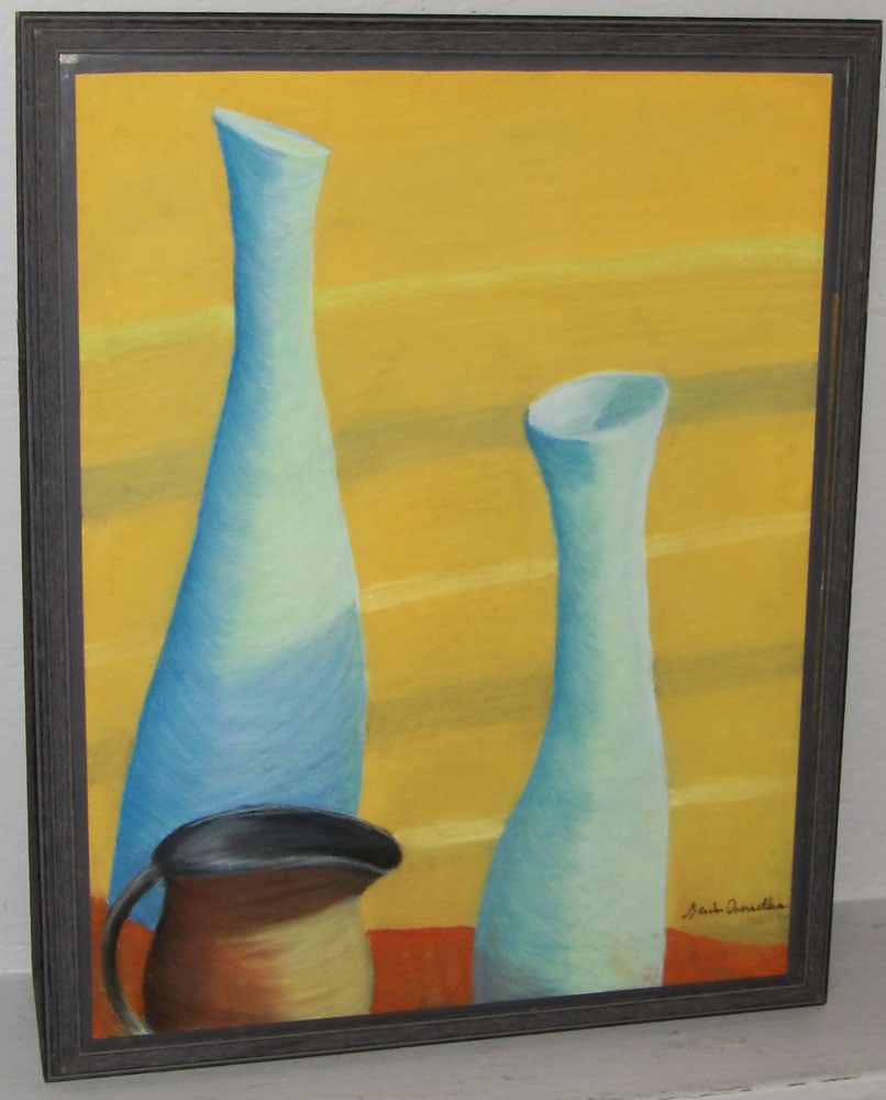 Framed Mid Century Modern Pastel Artist Signed: Framed Mid Century Modern Pastel Artist Signed. 22 1/2 x 27 1/2" "ALL DESCRIPTIONS AND ANY CONDITION STATEMENT GIVEN BY LANGSTON AUCTION GALLERY ARE STRICTLY OPINIONS AND LANGSTON'S SHALL HAVE NO