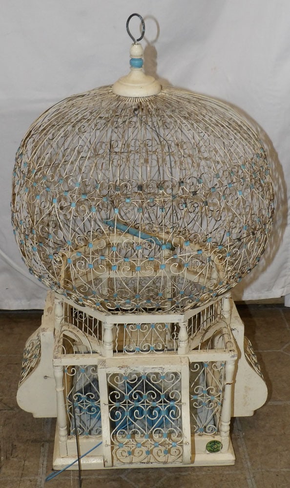 Painted Wire & Wood Bird Cage, (Modele Depose): Painted Wire & Wood Bird Cage, (Modele Depose). 24" H 14 1/2" Dia. "ALL DESCRIPTIONS AND ANY CONDITION STATEMENT GIVEN BY LANGSTON AUCTION GALLERY ARE STRICTLY OPINIONS AND LANGSTON'S SHALL HAVE NO