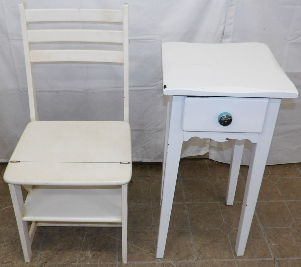 Painted Step Ladder Chair & One Drawer Stand: Painted Step Ladder Chair & One Drawer Stand . Up to 33 3/4" H 16 1/2" W 16 1/2" D "ALL DESCRIPTIONS AND ANY CONDITION STATEMENT GIVEN BY LANGSTON AUCTION GALLERY ARE STRICTLY OPINIONS AND LANGSTON'S