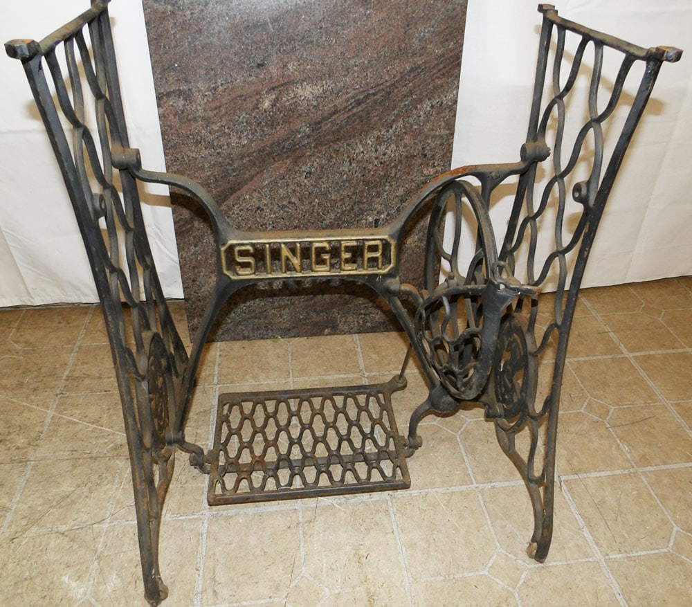 Cast Iron Singer Sewing Machine Base Table with Marble Top - 3