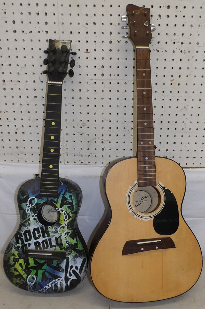Two Child's Guitars, (As Found): Two Child's Guitars, (As Found). Up to 34 3/4" L "ALL DESCRIPTIONS AND ANY CONDITION STATEMENT GIVEN BY LANGSTON AUCTION GALLERY ARE STRICTLY OPINIONS AND LANGSTON'S SHALL HAVE NO RESPONSIBILITY FOR
