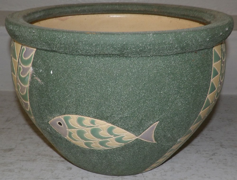 Pottery Jardiniere with Fish Motif: Pottery Jardiniere with Fish Motif . 8 1/2" H 12 1/4" Dia. "ALL DESCRIPTIONS AND ANY CONDITION STATEMENT GIVEN BY LANGSTON AUCTION GALLERY ARE STRICTLY OPINIONS AND LANGSTON'S SHALL HAVE NO