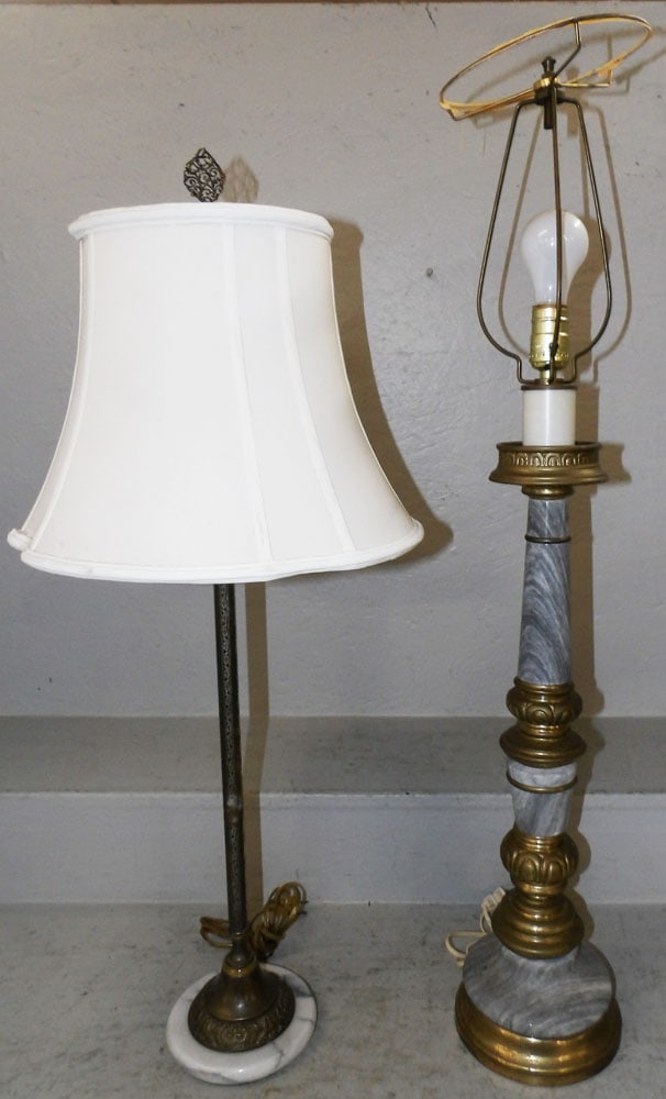 Two Marble & Brass Lamps: Two Marble & Brass Lamps . Up to 36" H 6" Dia. "ALL DESCRIPTIONS AND ANY CONDITION STATEMENT GIVEN BY LANGSTON AUCTION GALLERY ARE STRICTLY OPINIONS AND LANGSTON'S SHALL HAVE NO RESPONSIBILITY FOR