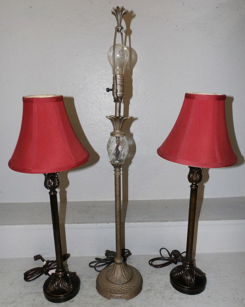 Three Painted Metal Lamps: Three Painted Metal Lamps . Up to 34 1/2" H 6 1/2" Dia. "ALL DESCRIPTIONS AND ANY CONDITION STATEMENT GIVEN BY LANGSTON AUCTION GALLERY ARE STRICTLY OPINIONS AND LANGSTON'S SHALL HAVE NO