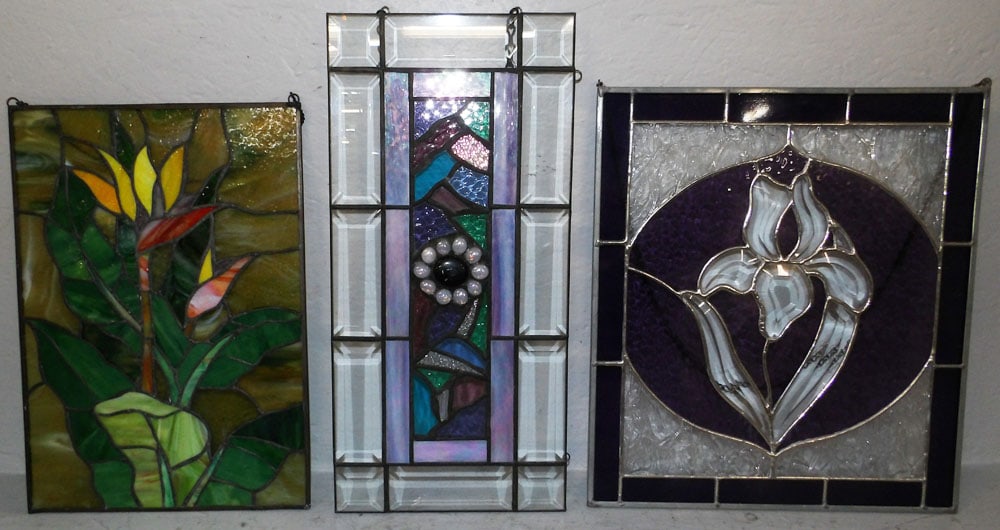 Three Leaded Stained Glass Sun Catchers: Three Leaded Stained Glass Sun Catchers. Up to 19" x 9" "ALL DESCRIPTIONS AND ANY CONDITION STATEMENT GIVEN BY LANGSTON AUCTION GALLERY ARE STRICTLY OPINIONS AND LANGSTON'S SHALL HAVE NO