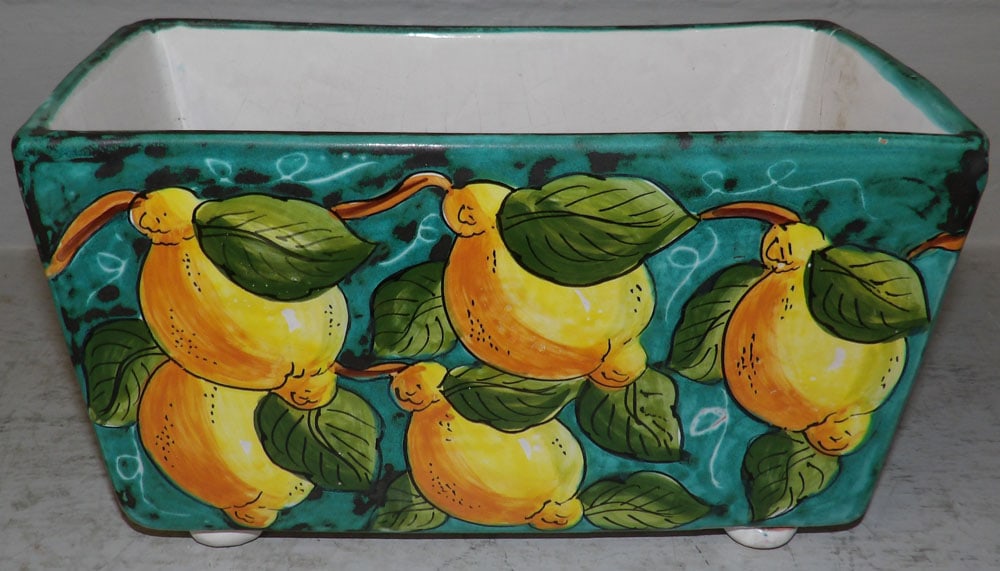 Painted Pottery Jardiniere: Painted Pottery Jardiniere . 6" H 11" W 5 1/4" D "ALL DESCRIPTIONS AND ANY CONDITION STATEMENT GIVEN BY LANGSTON AUCTION GALLERY ARE STRICTLY OPINIONS AND LANGSTON'S SHALL HAVE NO RESPONSIBILITY FOR