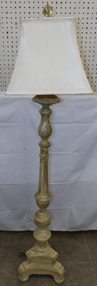 Painted Faux Marble & Wood Floor Lamp: Painted Faux Marble & Wood Floor Lamp. 59 1/4" H 14 1/4" Dia. "ALL DESCRIPTIONS AND ANY CONDITION STATEMENT GIVEN BY LANGSTON AUCTION GALLERY ARE STRICTLY OPINIONS AND LANGSTON'S SHALL HAVE NO