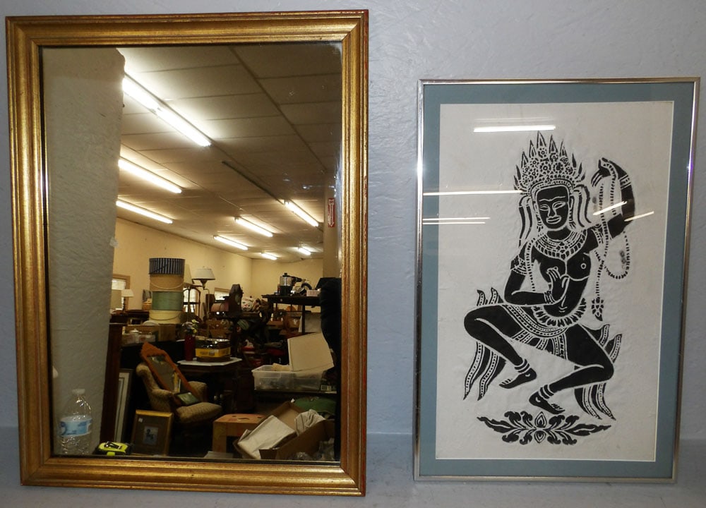 Framed Mirror & Framed Thai Temple Rubber Painting on Rice Paper: Framed Mirror & Framed Thai Temple Rubber Painting on Rice Paper . Up to 24 1/4" x 18 1/4" "ALL DESCRIPTIONS AND ANY CONDITION STATEMENT GIVEN BY LANGSTON AUCTION GALLERY ARE STRICTLY OPINIONS AND