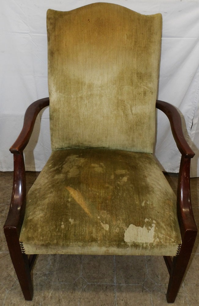 Mahogany & Upholstered Arm Chair: Mahogany & Upholstered Arm Chair. 40 3/4" H 25" W 28" D "ALL DESCRIPTIONS AND ANY CONDITION STATEMENT GIVEN BY LANGSTON AUCTION GALLERY ARE STRICTLY OPINIONS AND LANGSTON'S SHALL HAVE NO