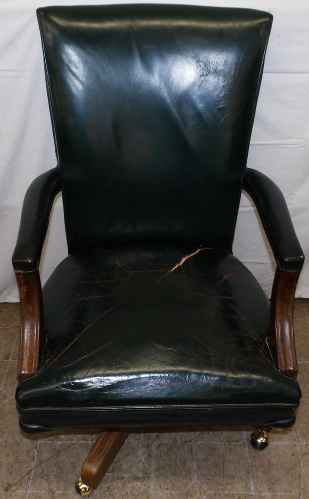 Mahogany & Leather Upholstered Desk Chair: Mahogany & Leather Upholstered Desk Chair . 42 1/4" H 26" W 26" D "ALL DESCRIPTIONS AND ANY CONDITION STATEMENT GIVEN BY LANGSTON AUCTION GALLERY ARE STRICTLY OPINIONS AND LANGSTON'S SHALL HAVE NO