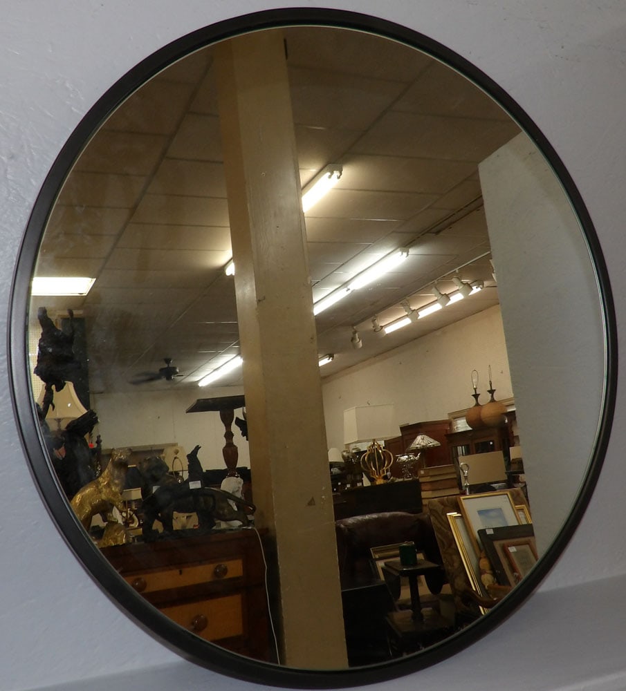 Modern Round Painted Metal Frame Mirror: Modern Round Painted Metal Frame Mirror. 30" Dia. "ALL DESCRIPTIONS AND ANY CONDITION STATEMENT GIVEN BY LANGSTON AUCTION GALLERY ARE STRICTLY OPINIONS AND LANGSTON'S SHALL HAVE NO RESPONSIBILITY FOR
