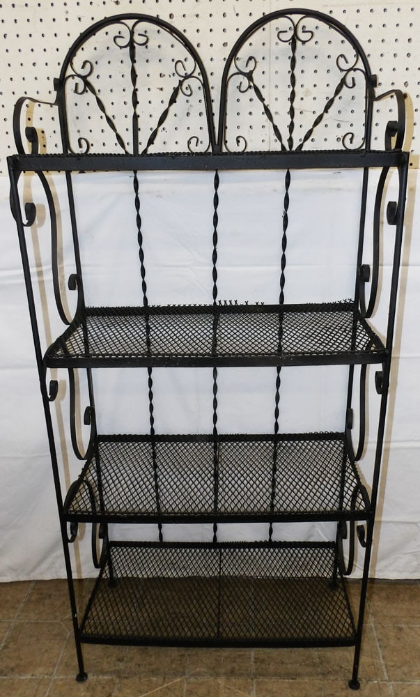 Painted Wrought Iron Four Tier Shelf: Painted Wrought Iron Four Tier Shelf . 53 1/2" H 24 1/2" W 12" D "ALL DESCRIPTIONS AND ANY CONDITION STATEMENT GIVEN BY LANGSTON AUCTION GALLERY ARE STRICTLY OPINIONS AND LANGSTON'S SHALL HAVE NO RESP