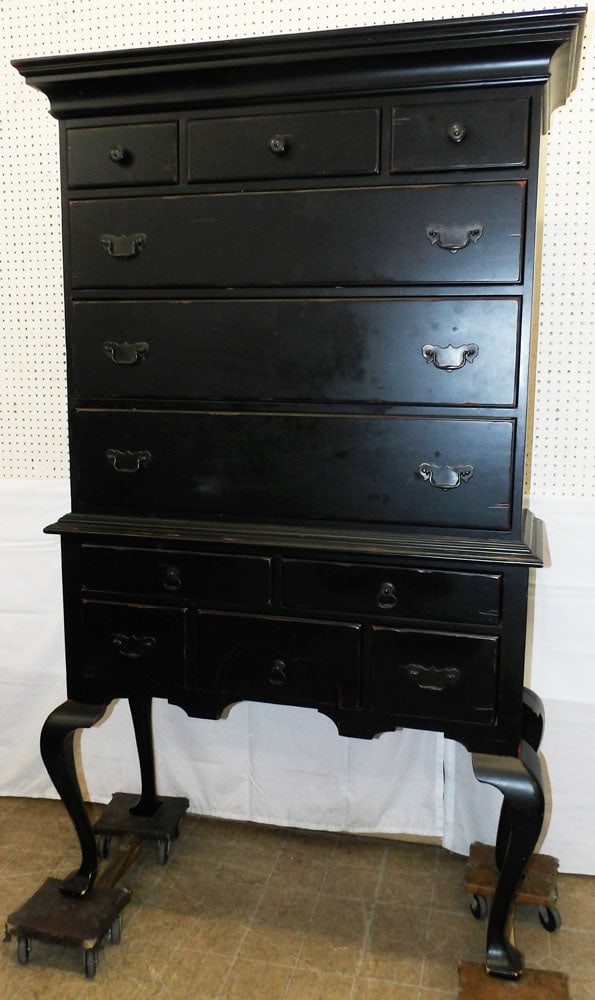 Distress Painted Highboy: Distress Painted Highboy. 79" H 47" W 19" D "ALL DESCRIPTIONS AND ANY CONDITION STATEMENT GIVEN BY LANGSTON AUCTION GALLERY ARE STRICTLY OPINIONS AND LANGSTON'S SHALL HAVE NO RESPONSIBILITY FOR