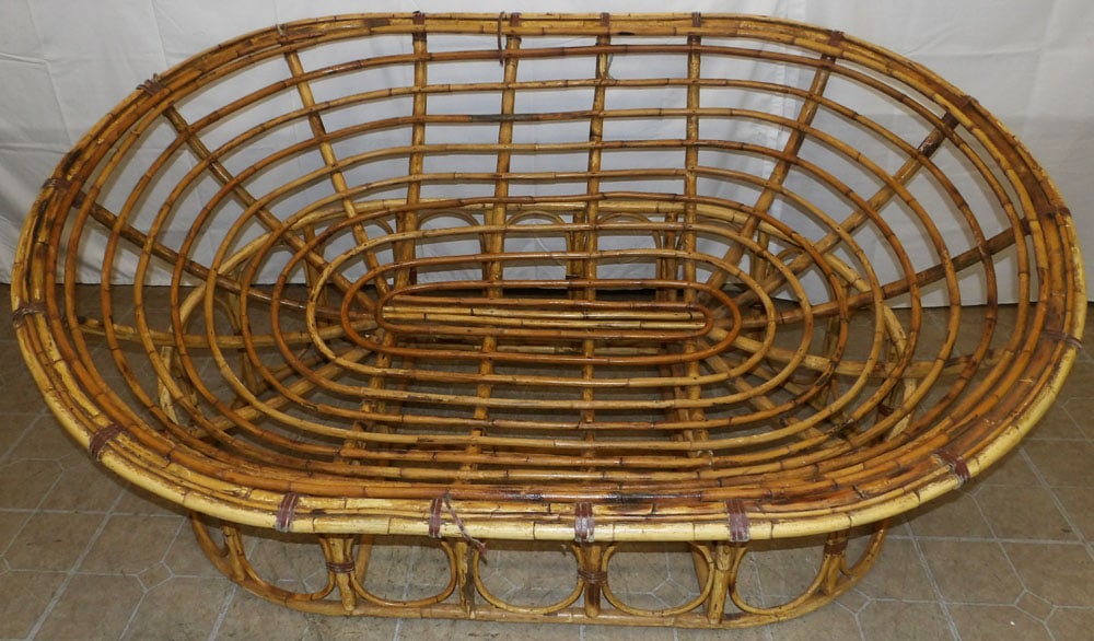 Rattan Two Piece Papasan Bench: Rattan Two Piece Papasan Bench. 30" H 70" W 48" D "ALL DESCRIPTIONS AND ANY CONDITION STATEMENT GIVEN BY LANGSTON AUCTION GALLERY ARE STRICTLY OPINIONS AND LANGSTON'S SHALL HAVE NO RESPONSIBILITY FOR