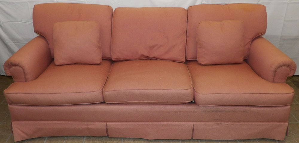 Upholstered Sofa by Baker: Upholstered Sofa by Baker . 35" H 86" L 36" D "ALL DESCRIPTIONS AND ANY CONDITION STATEMENT GIVEN BY LANGSTON AUCTION GALLERY ARE STRICTLY OPINIONS AND LANGSTON'S SHALL HAVE NO RESPONSIBILITY FOR