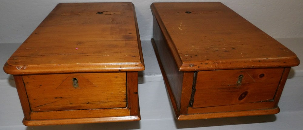 Pair of Antique Pine Boxes: Pair of Antique Pine Boxes . 5 1/4" H 9 1/4" W 16" D "ALL DESCRIPTIONS AND ANY CONDITION STATEMENT GIVEN BY LANGSTON AUCTION GALLERY ARE STRICTLY OPINIONS AND LANGSTON'S SHALL HAVE NO RESPONSIBILITY