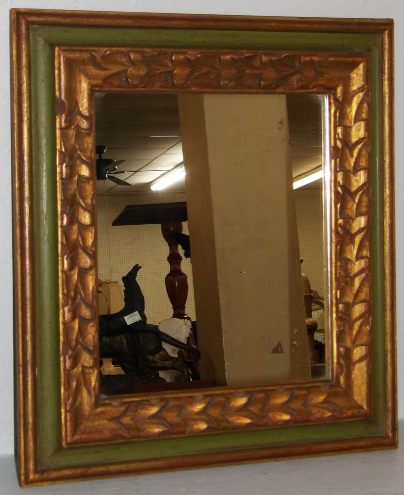 Mid Century Ornate Two Tone Paint Decorated Framed Mirror: Mid Century Ornate Two Tone Paint Decorated Framed Mirror. 18" x 20 1/2" "ALL DESCRIPTIONS AND ANY CONDITION STATEMENT GIVEN BY LANGSTON AUCTION GALLERY ARE STRICTLY OPINIONS AND LANGSTON'S SHALL