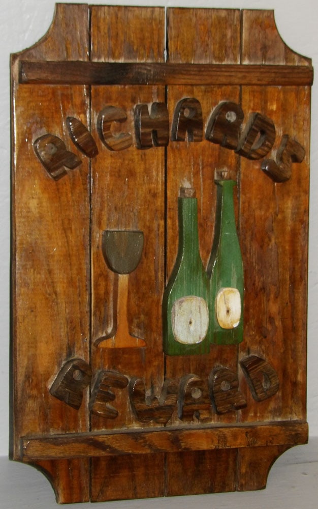 Paint Decorated Wood Folky Bar Sign "Richards Reward": Paint Decorated Wood Folky Bar Sign "Richards Reward" . 14" x 22" "ALL DESCRIPTIONS AND ANY CONDITION STATEMENT GIVEN BY LANGSTON AUCTION GALLERY ARE STRICTLY OPINIONS AND LANGSTON'S SHALL HAVE NO
