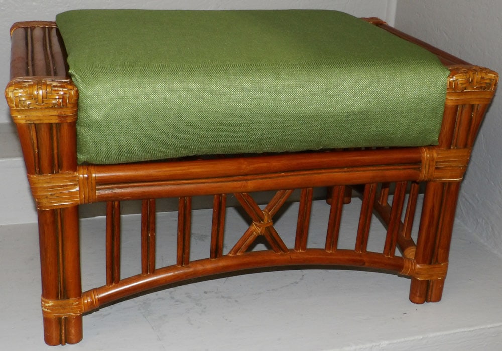 Wicker & Rattan Upholstered Cushion Two Handled Ottoman: Wicker & Rattan Upholstered Cushion Two Handled Ottoman. 17 1/4" H 30 1/2" W 18 1/2" D "ALL DESCRIPTIONS AND ANY CONDITION STATEMENT GIVEN BY LANGSTON AUCTION GALLERY ARE STRICTLY OPINIONS AND
