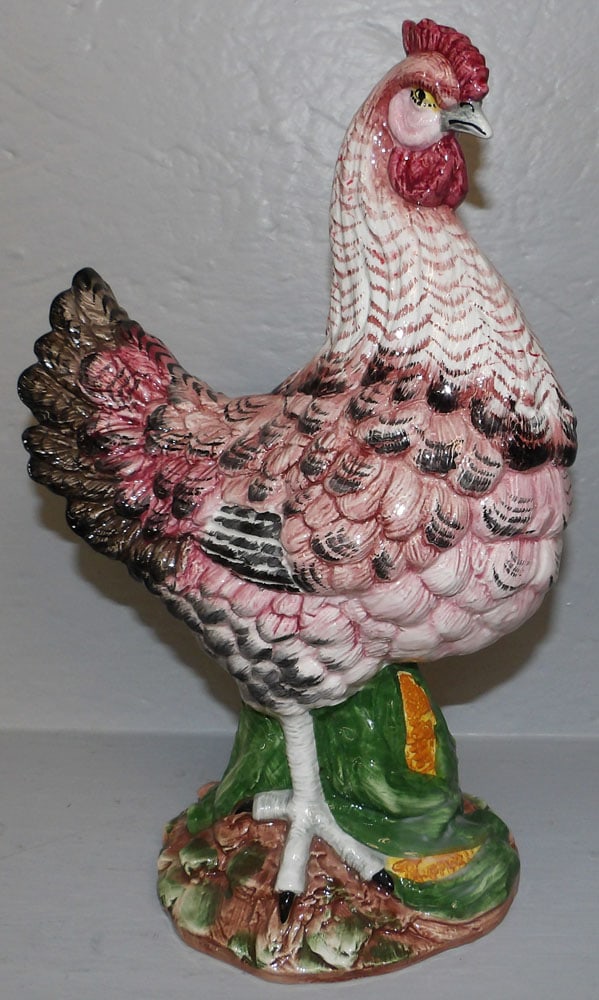 Painted Porcelain Chicken: Painted Porcelain Chicken . 13 1/4" H 8 1/2" W "ALL DESCRIPTIONS AND ANY CONDITION STATEMENT GIVEN BY LANGSTON AUCTION GALLERY ARE STRICTLY OPINIONS AND LANGSTON'S SHALL HAVE NO RESPONSIBILITY FOR ERR