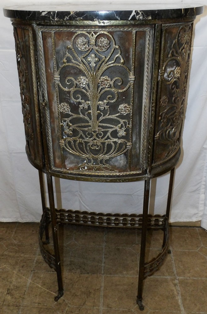 Antique Painted Wrought Iron & Marble Top One Door Cabinet, (Marble As Is): Antique Painted Wrought Iron & Marble Top One Door Cabinet, (Marble As Is). 41 1/4" H 23 1/2" W 13 1/2" D "ALL DESCRIPTIONS AND ANY CONDITION STATEMENT GIVEN BY LANGSTON AUCTION GALLERY ARE STRICTLY