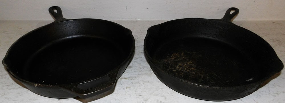 Two Cast Iron Skillets: Two Cast Iron Skillets . 16" x 10 3/4" "ALL DESCRIPTIONS AND ANY CONDITION STATEMENT GIVEN BY LANGSTON AUCTION GALLERY ARE STRICTLY OPINIONS AND LANGSTON'S SHALL HAVE NO RESPONSIBILITY FOR ERRORS OR O