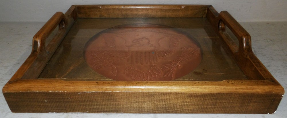 Cherry & Punch Hole Copper Serving Tray with Eagle Motif: Cherry & Punch Hole Copper Serving Tray with Eagle Motif. 16 1/2" x 14 3/4" "ALL DESCRIPTIONS AND ANY CONDITION STATEMENT GIVEN BY LANGSTON AUCTION GALLERY ARE STRICTLY OPINIONS AND LANGSTON'S SHALL
