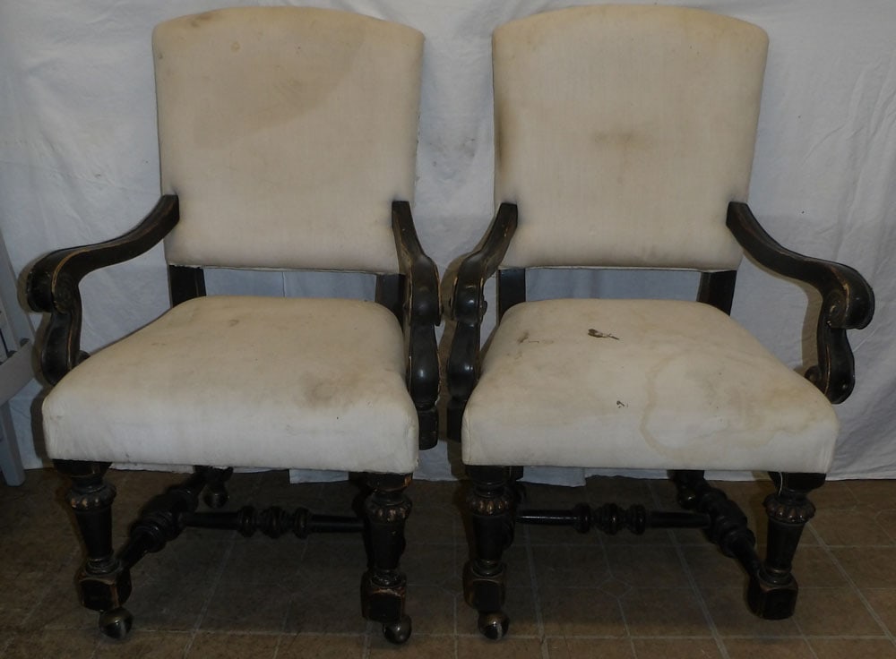 Pair of Painted Wood Arm Chairs: Pair of Painted Wood Arm Chairs . 38 1/4" H 25" W 22" D "ALL DESCRIPTIONS AND ANY CONDITION STATEMENT GIVEN BY LANGSTON AUCTION GALLERY ARE STRICTLY OPINIONS AND LANGSTON'S SHALL HAVE NO