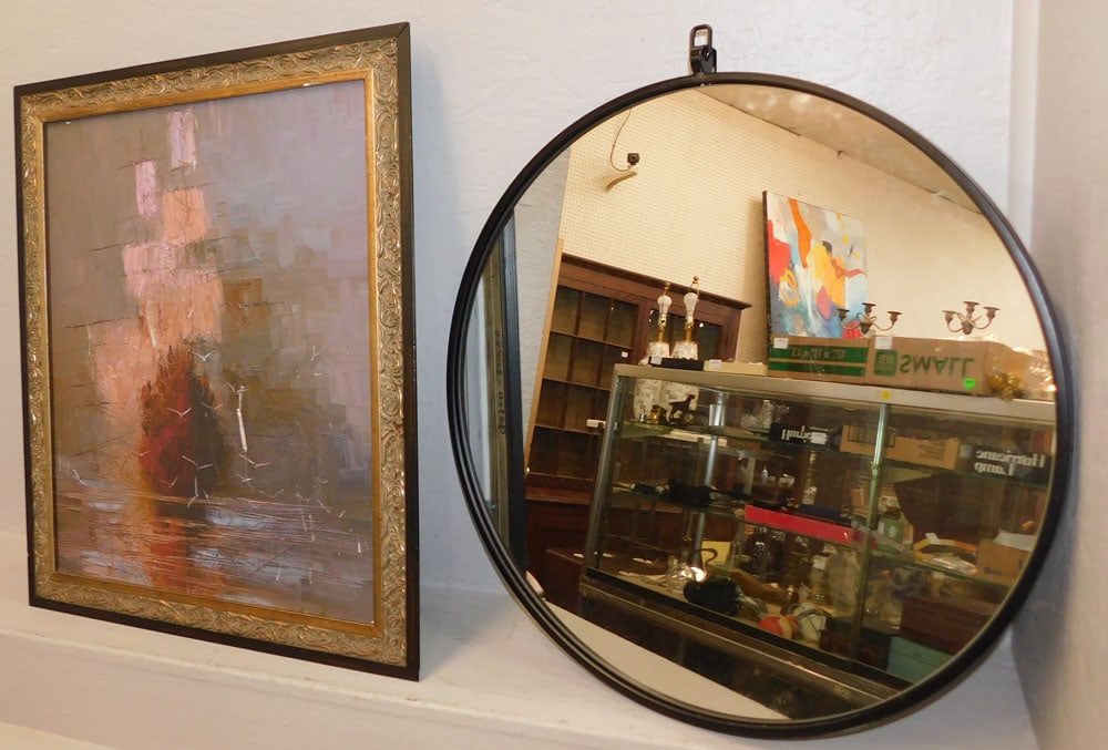 Round Metal Framed Mirror & Framed Print on Canvas: Round Metal Framed Mirror & Framed Print on Canvas. Up to 27 3/4" x 23 3/4" "ALL DESCRIPTIONS AND ANY CONDITION STATEMENT GIVEN BY LANGSTON AUCTION GALLERY ARE STRICTLY OPINIONS AND LANGSTON'S SHALL
