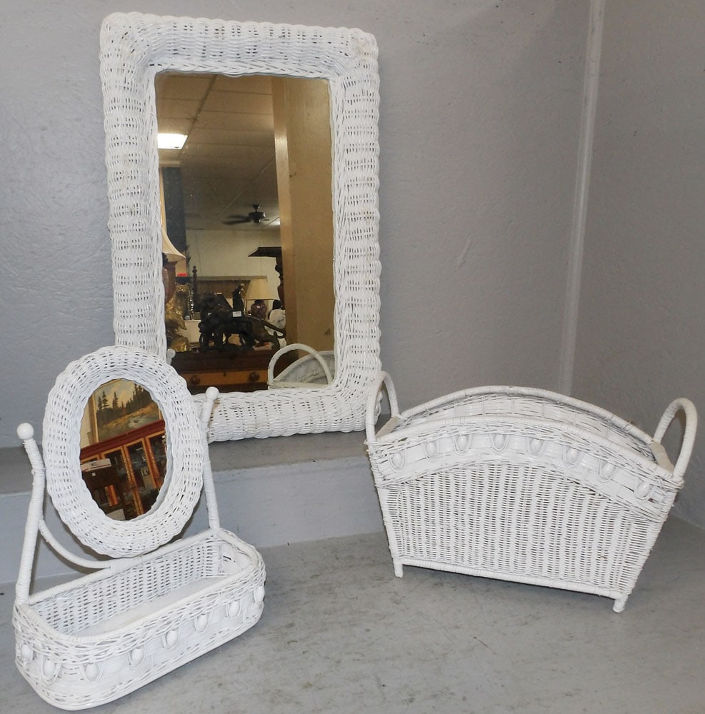 Two Painted Wicker Mirrors & Magazine Stand: Two Painted Wicker Mirrors & Magazine Stand . Up to 30 1/2" x 20 1/2" "ALL DESCRIPTIONS AND ANY CONDITION STATEMENT GIVEN BY LANGSTON AUCTION GALLERY ARE STRICTLY OPINIONS AND LANGSTON'S SHALL HAVE
