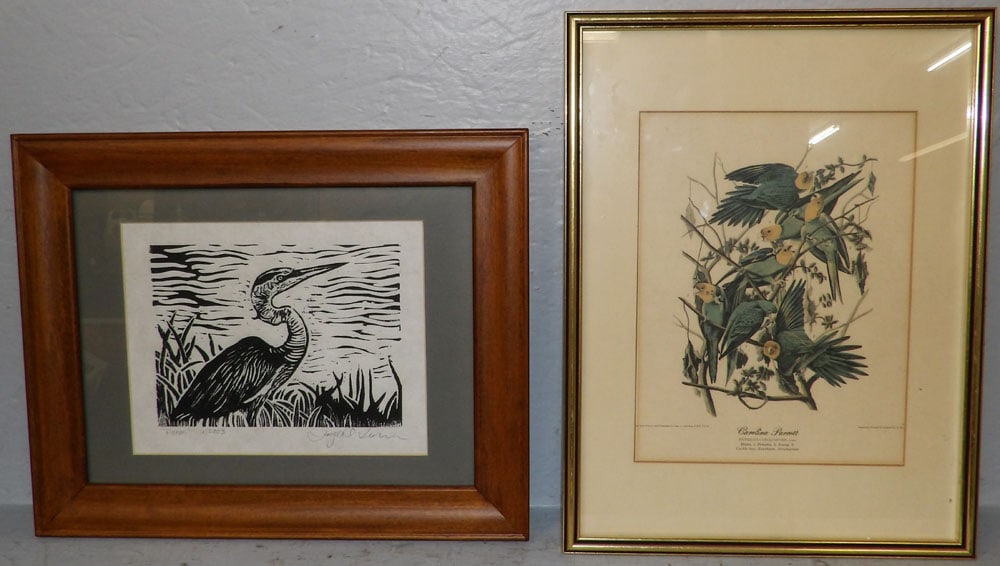 Framed Audubon Bird Print & Framed Block Print of Heron Signed & Numbered (1 of 8)