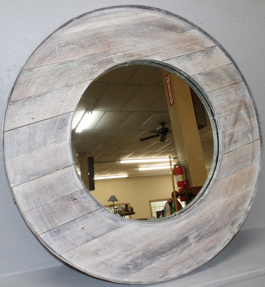 Painted Wood & Metal Bound Framed Mirror: Painted Wood & Metal Bound Framed Mirror. 30 1/2" Dia. "ALL DESCRIPTIONS AND ANY CONDITION STATEMENT GIVEN BY LANGSTON AUCTION GALLERY ARE STRICTLY OPINIONS AND LANGSTON'S SHALL HAVE NO